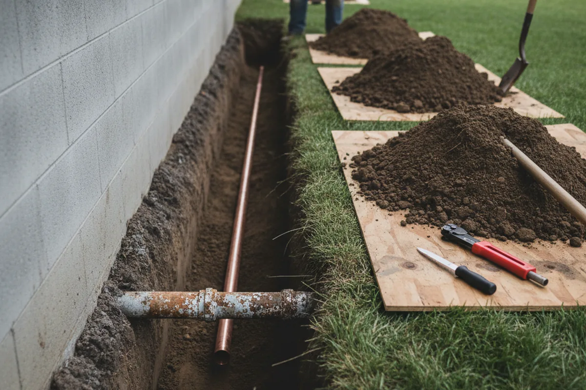 Excavated water line trench during Water Softener Installation in Baring